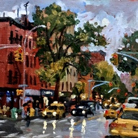 NYC Rain, oil painting cityscape, sold
