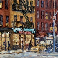 Russ and Daughters Nocturne, oil painting cityscape, sold