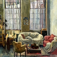 Studio Dog, oil painting interior, sold