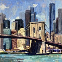 Brooklyn Bridge and Downtown NYC, oil painting cityscape