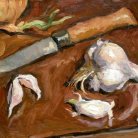 Garlic and Knife, oil painting still life, sold